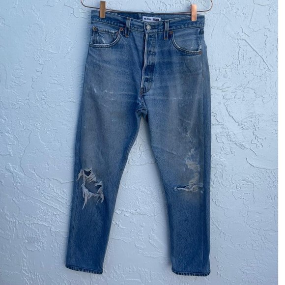Levis Re/Done Denim - Levis Re/Done Womens High Rise Ankle Crop Distressed Jeans Acid Blue Sz 26